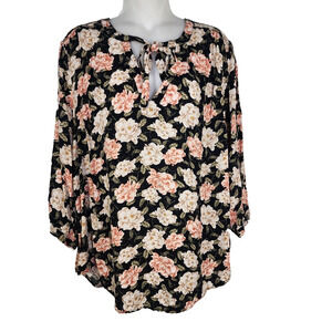 Torrid Top Womens Size 0 Large Black Pink Floral Dobby Peasant Tie V Neck Boho